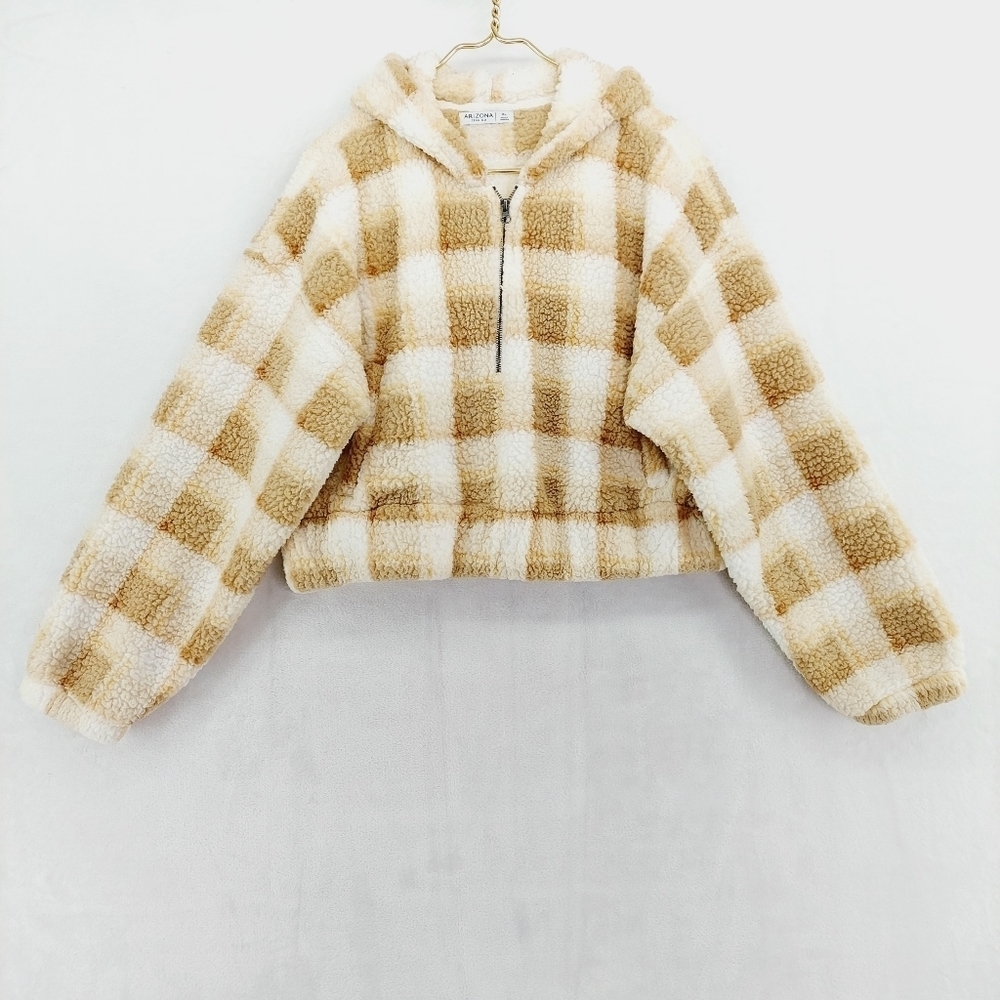 Arizona Jean Company Cream Plaid Crop Top Long Sleeve 1/2 Zip Teddy Top Z86